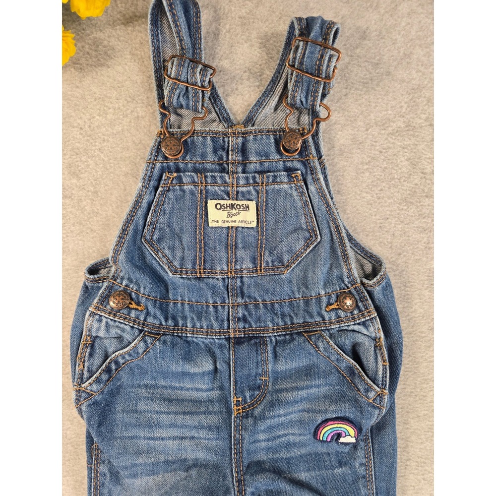 OshKosh Denim Overalls Baby 6-9m Blue Rainbow Heart Patch Embroidered Classic - Picture 2 of 7